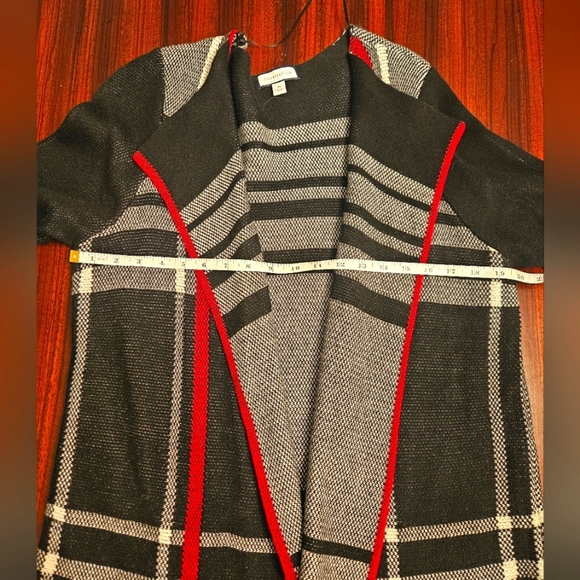 Charter Club Open Front Chunky Knit Black Red White Plaid Cardigan Sz XL - Picture 5 of 10